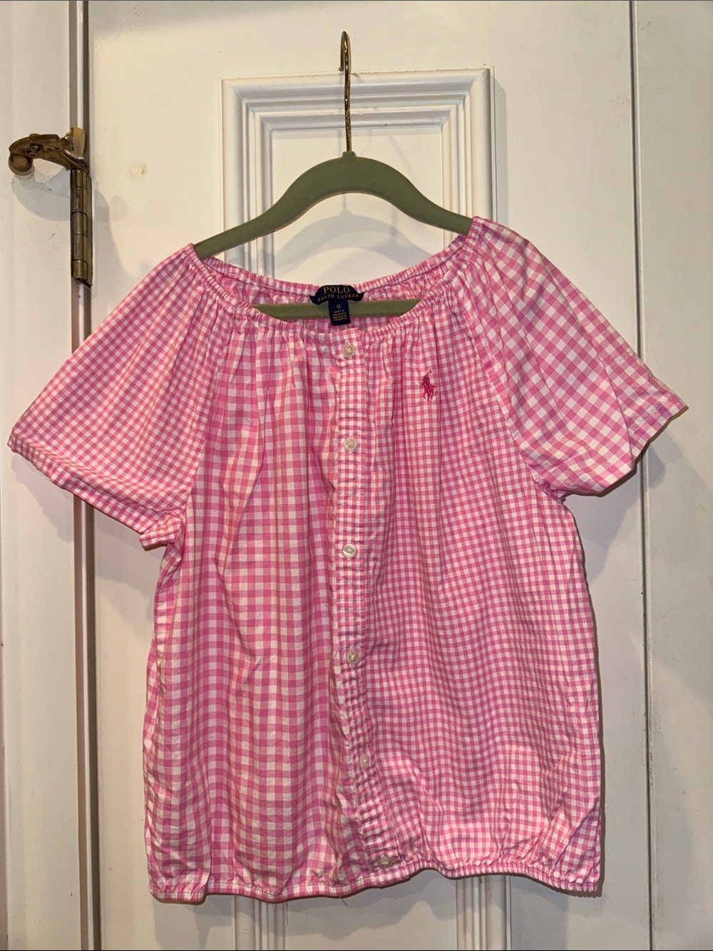 Ralph Lauren Pink Gingham Button-Front Off-Shoulder Top